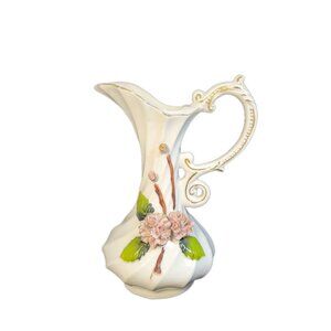 Porcelain Pitcher Spiral Vase 3D Flowers Made in Taiwan 7" X 5" Fairy Core